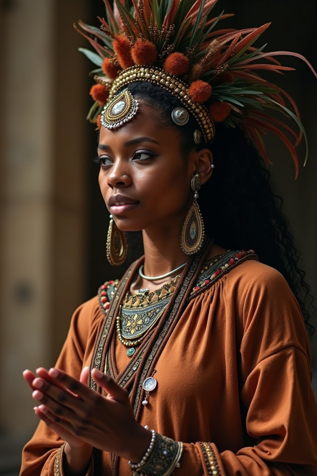 woman engaged in a sacred ritual or ceremony, adorned with symbolic attire