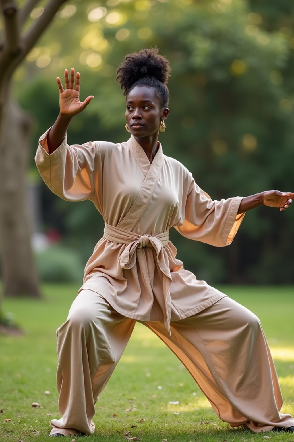 woman practicing Tai Chi in a serene garden