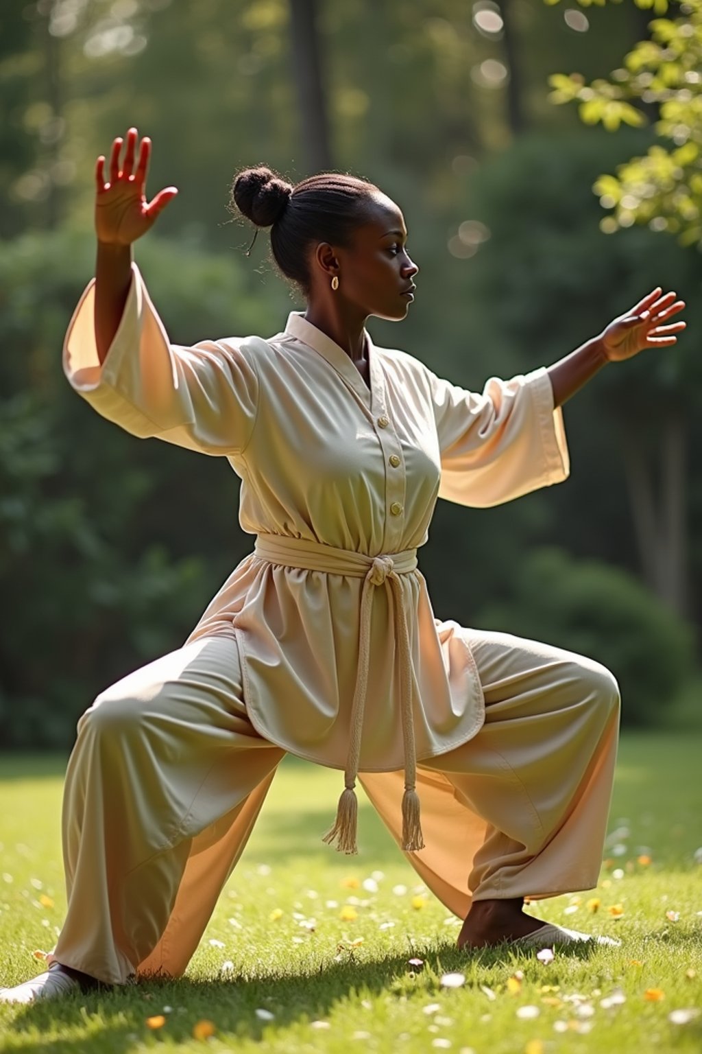 woman practicing Tai Chi in a serene garden