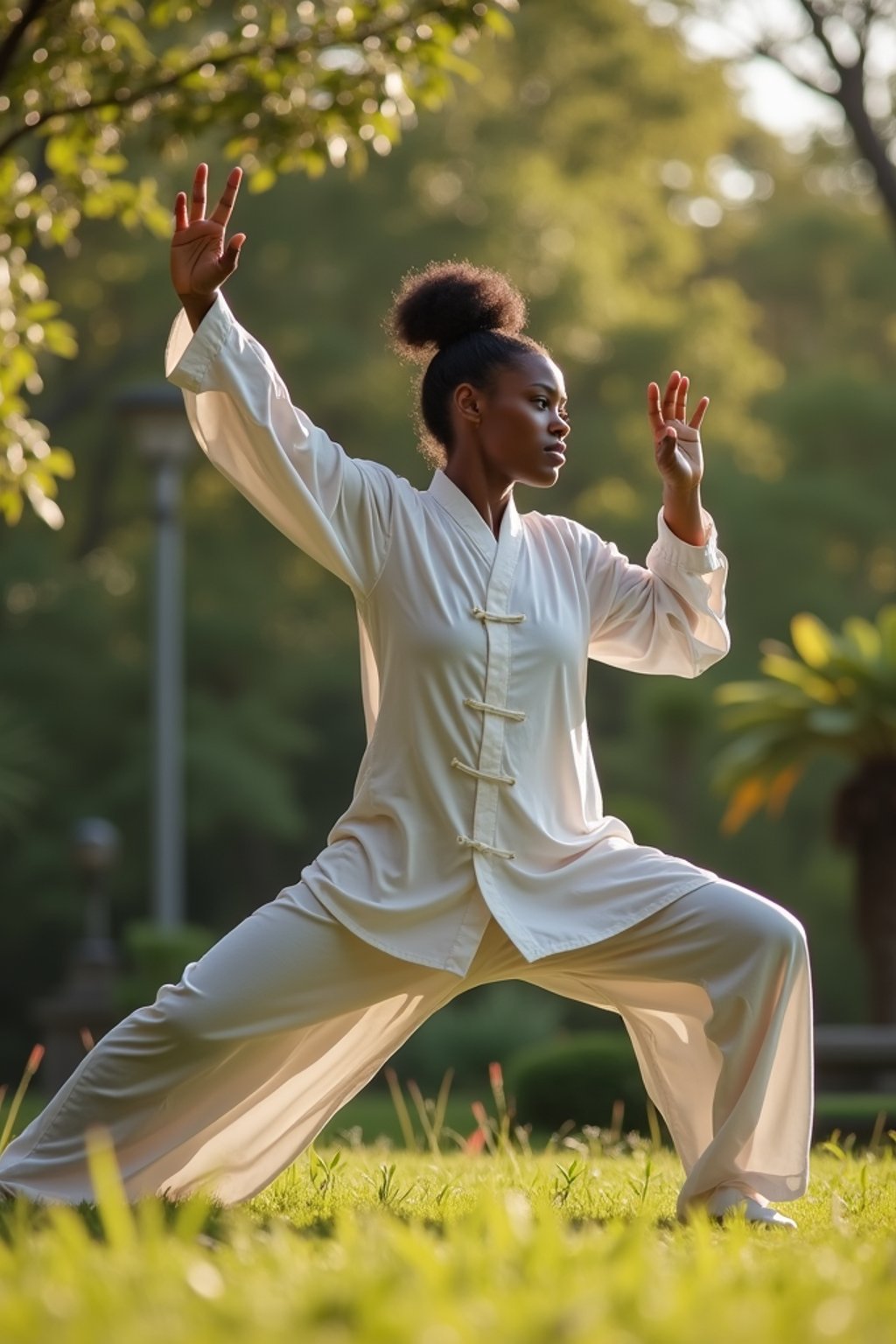 woman practicing Tai Chi in a serene garden