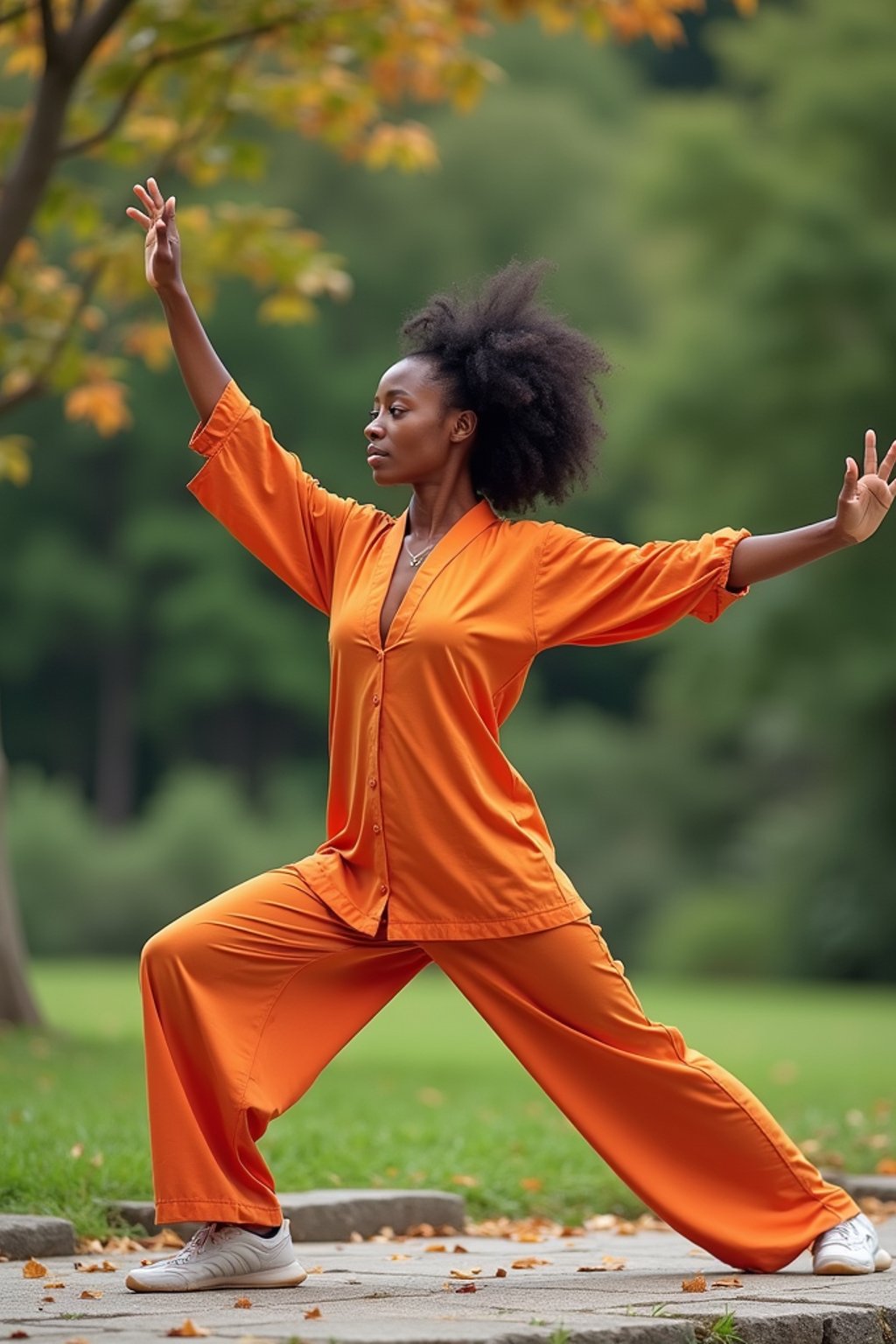 woman practicing Tai Chi in a serene garden