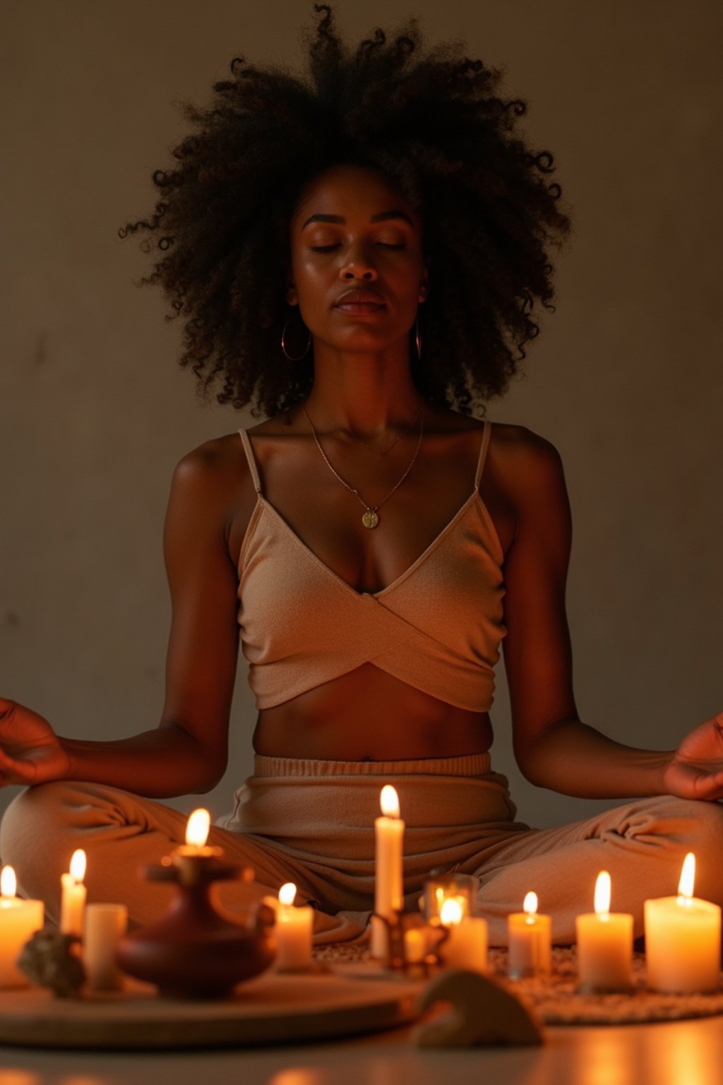 woman practicing mindfulness surrounded by candles or incense