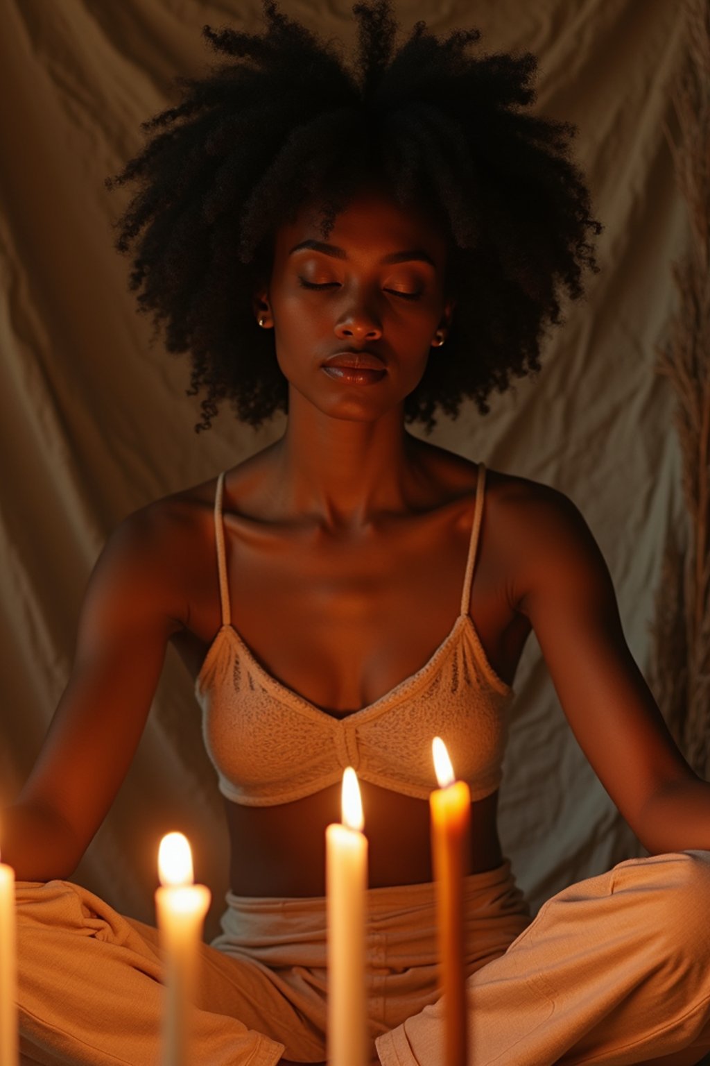 woman practicing mindfulness surrounded by candles or incense