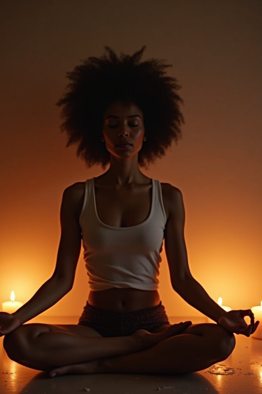 woman practicing mindfulness surrounded by candles or incense