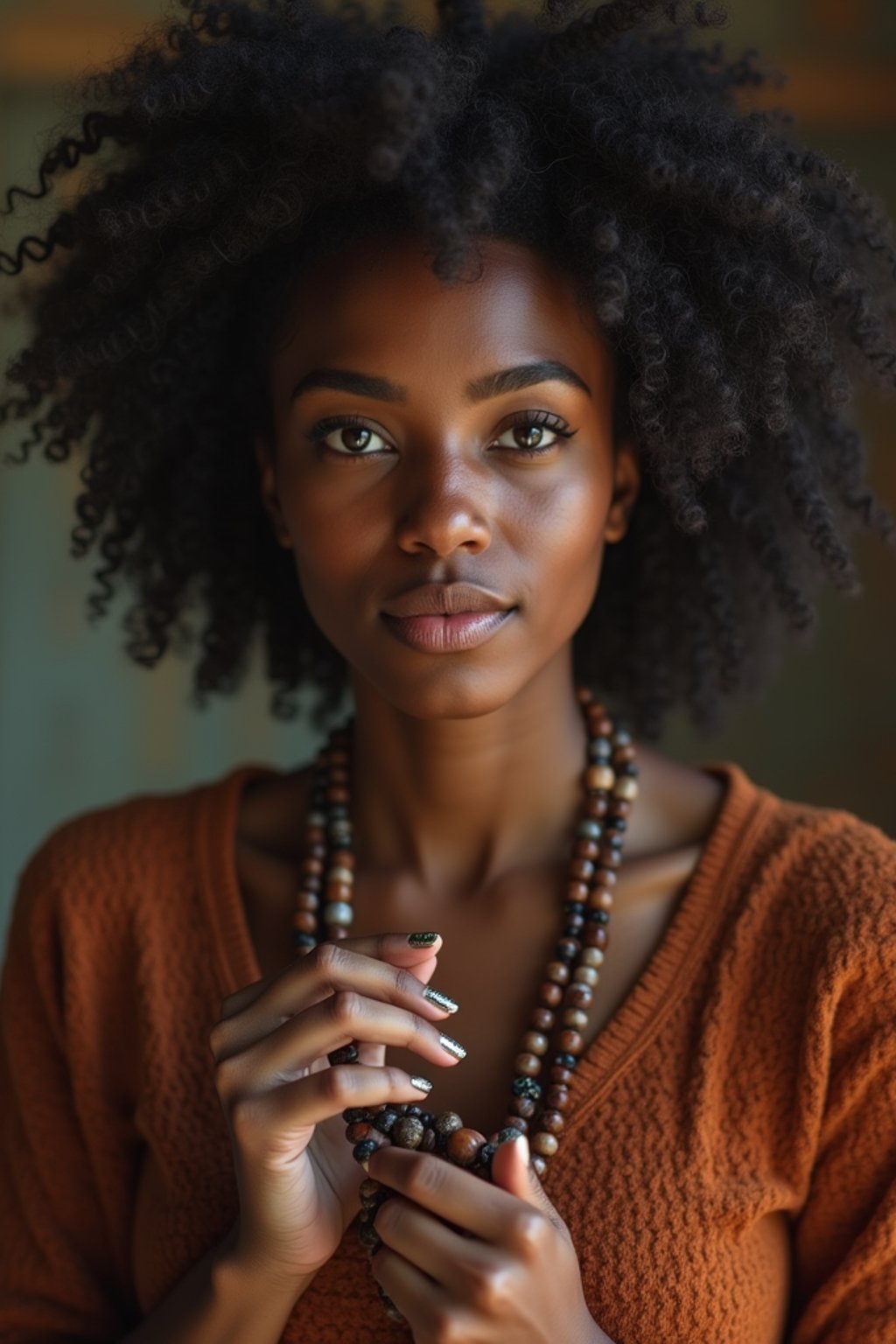 woman holding prayer beads or a sacred object,