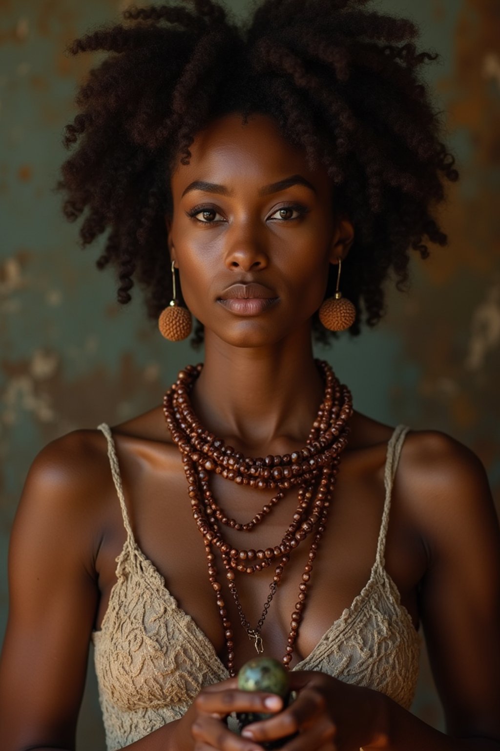 woman holding prayer beads or a sacred object,