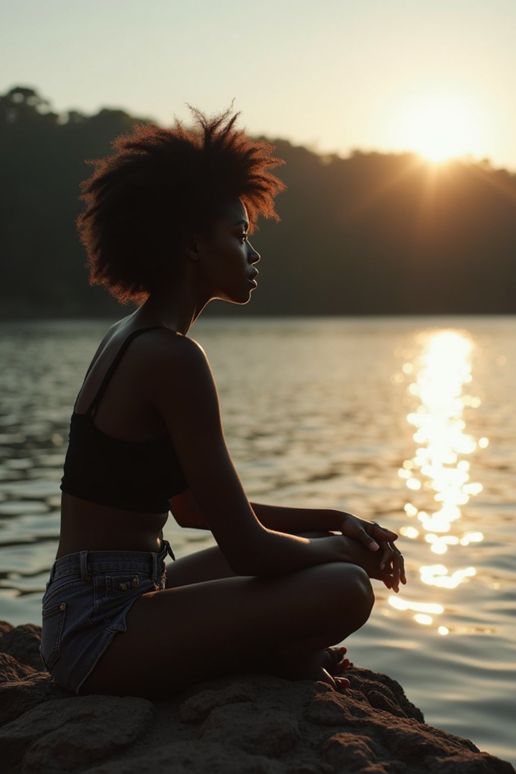 woman in deep contemplation, sitting by a tranquil lake