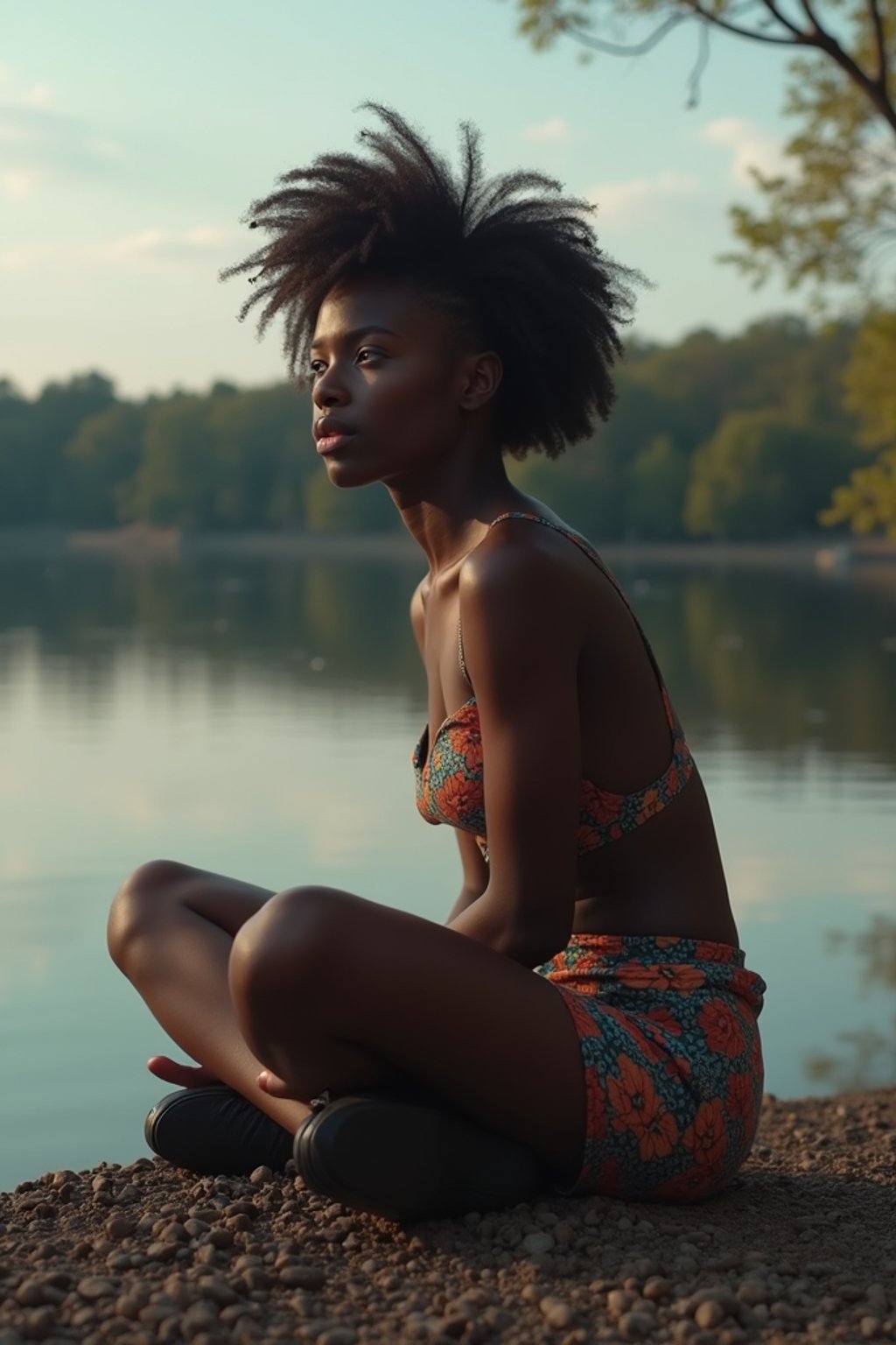 woman in deep contemplation, sitting by a tranquil lake