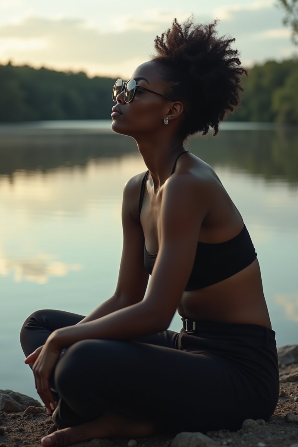 woman in deep contemplation, sitting by a tranquil lake