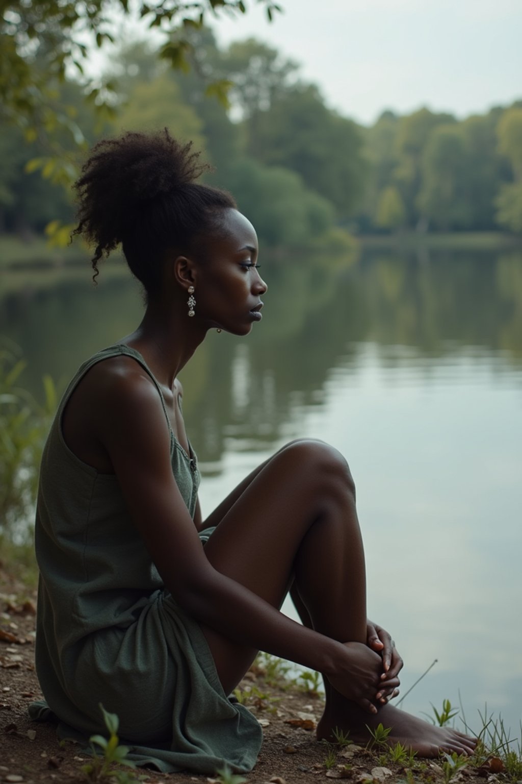 woman in deep contemplation, sitting by a tranquil lake