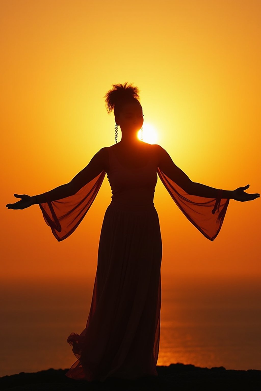 a spiritual seeker woman standing with outstretched armsat sunrise