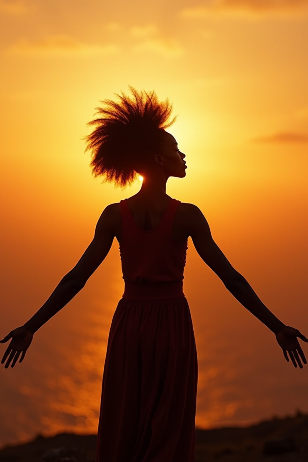 a spiritual seeker woman standing with outstretched armsat sunrise