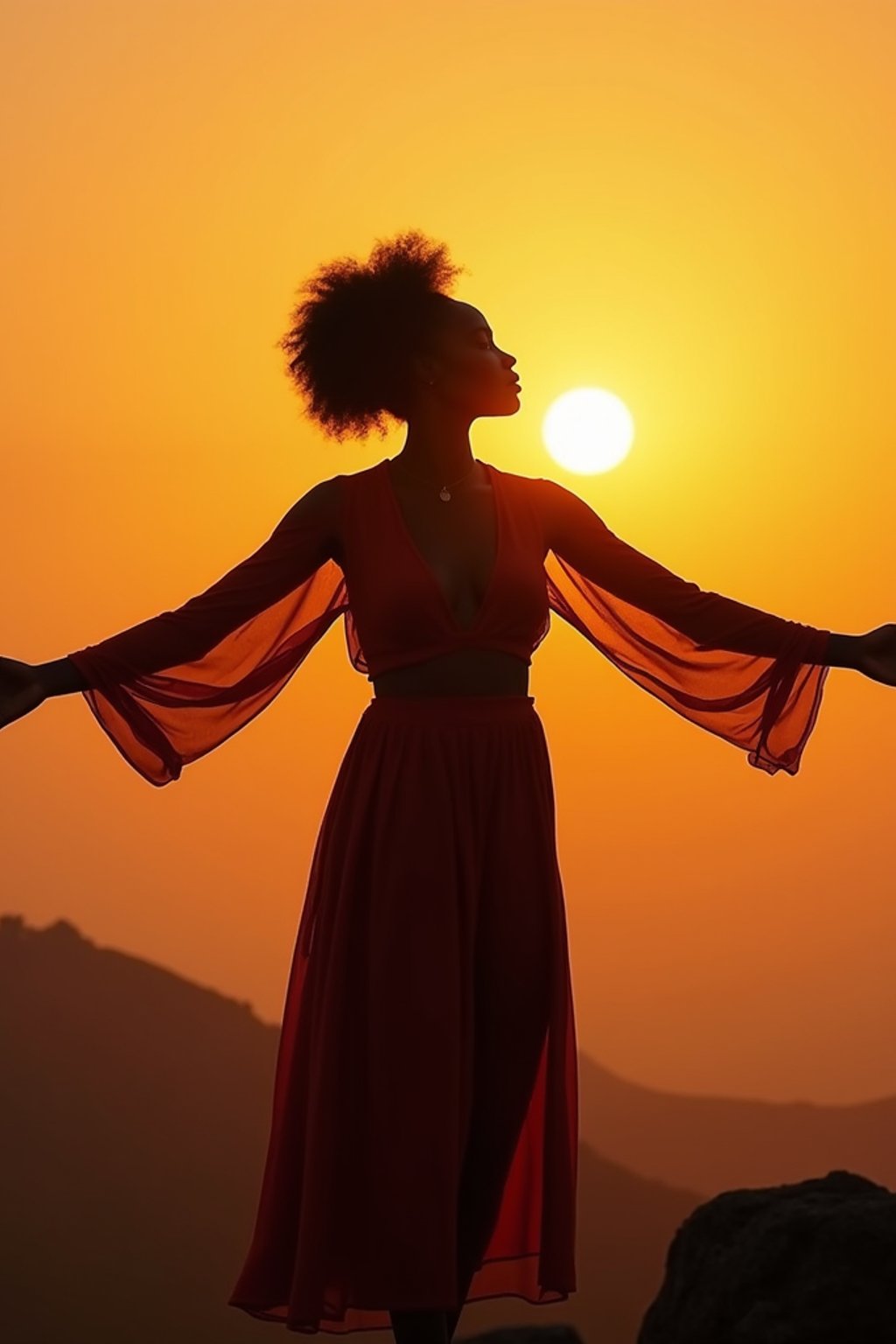 a spiritual seeker woman standing with outstretched armsat sunrise