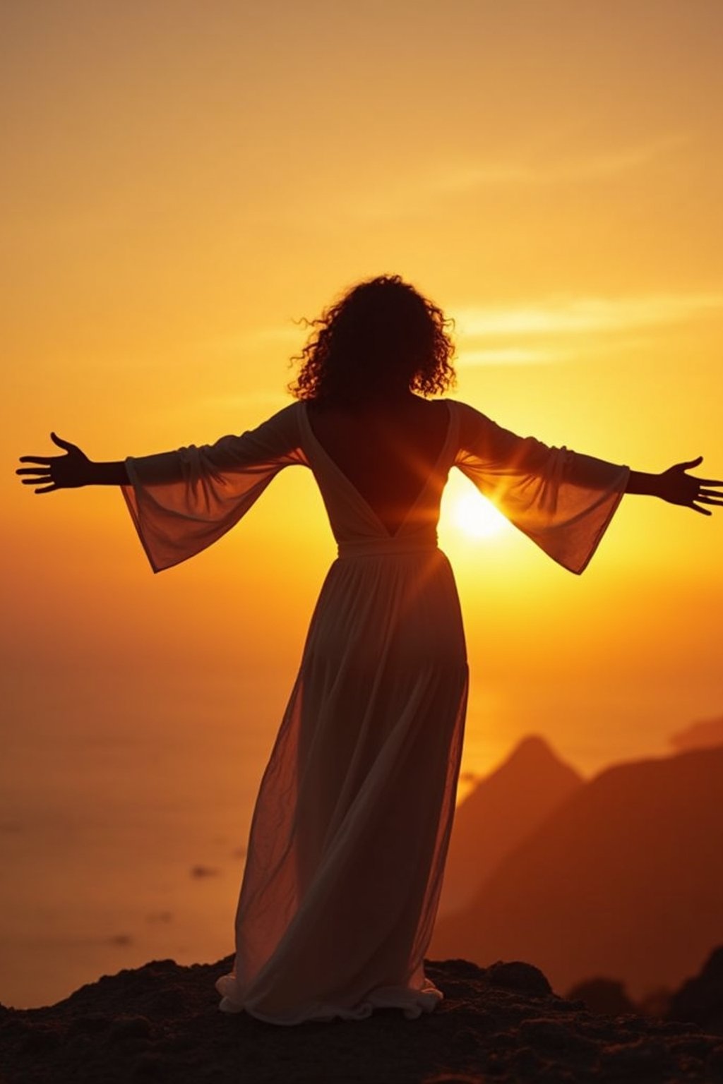 a spiritual seeker woman standing with outstretched armsat sunrise