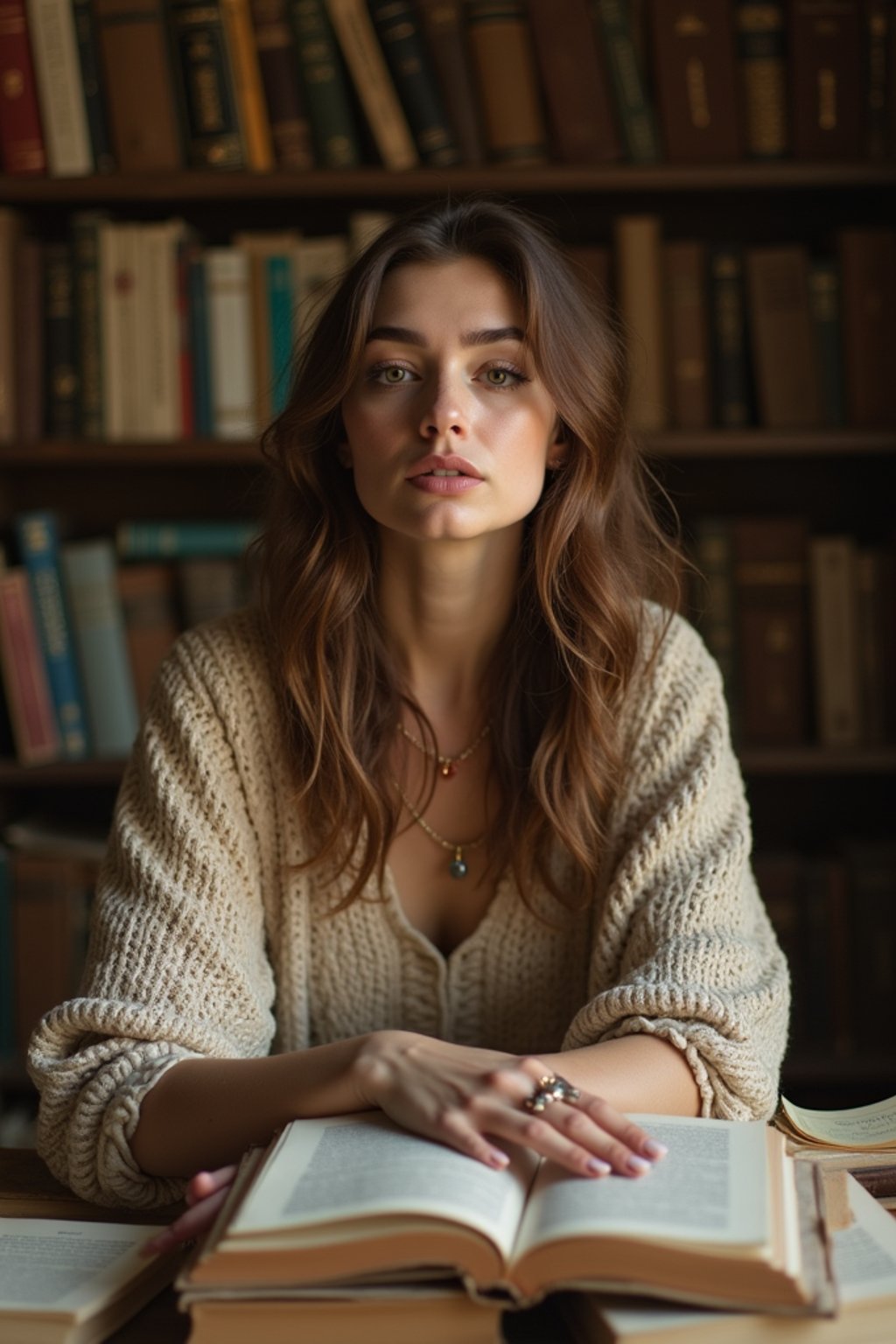 woman surrounded by books or sacred texts