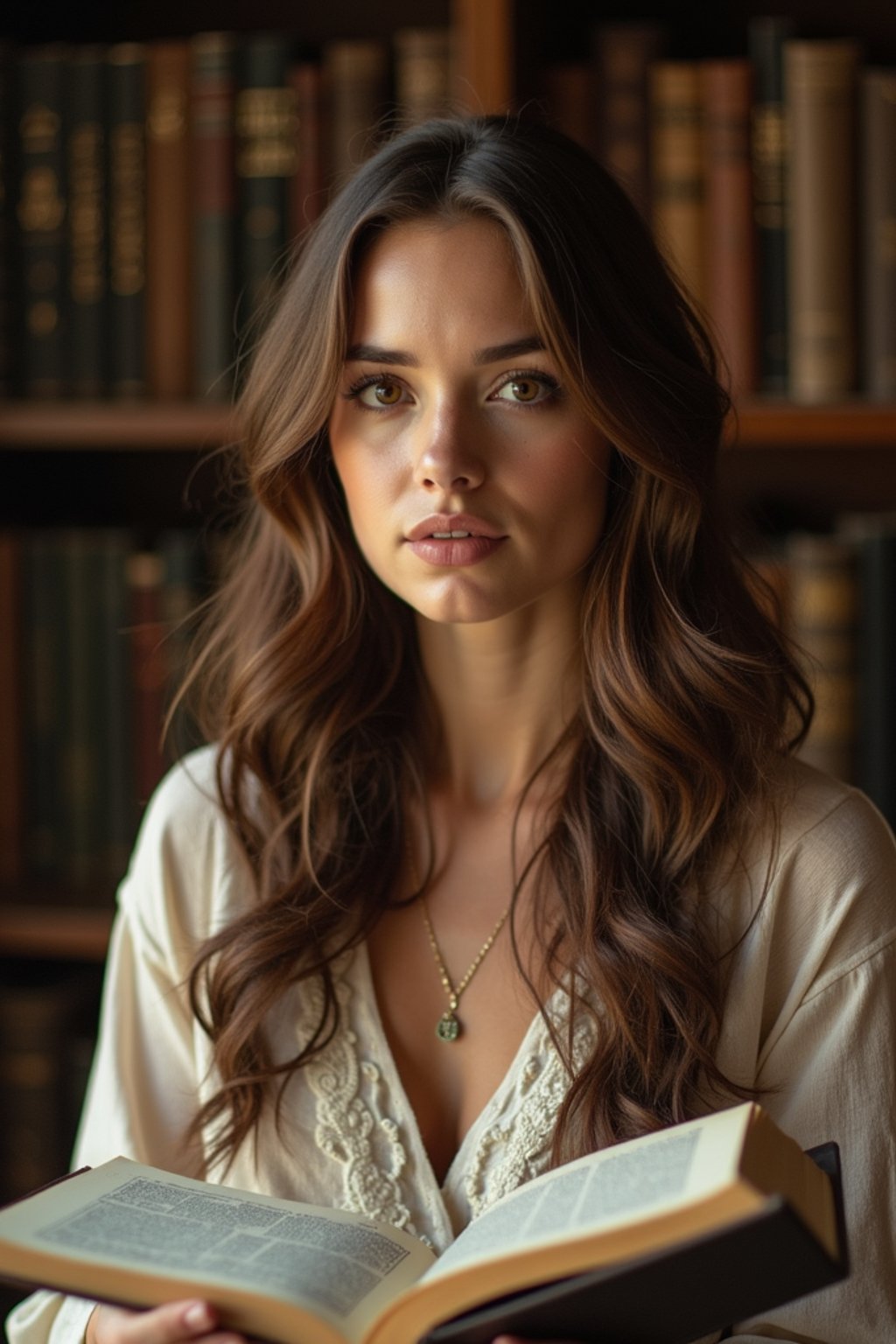 woman surrounded by books or sacred texts