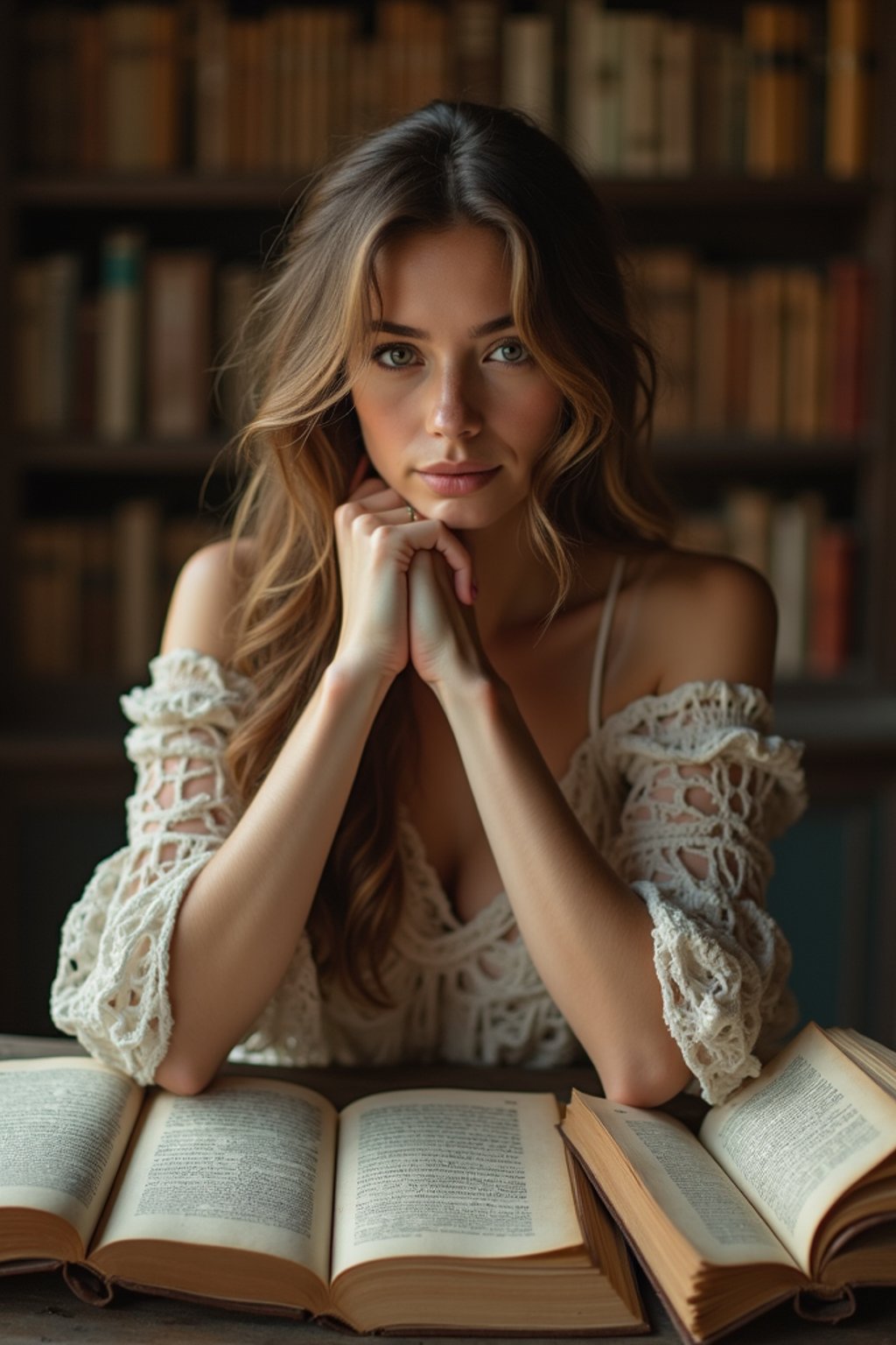 woman surrounded by books or sacred texts