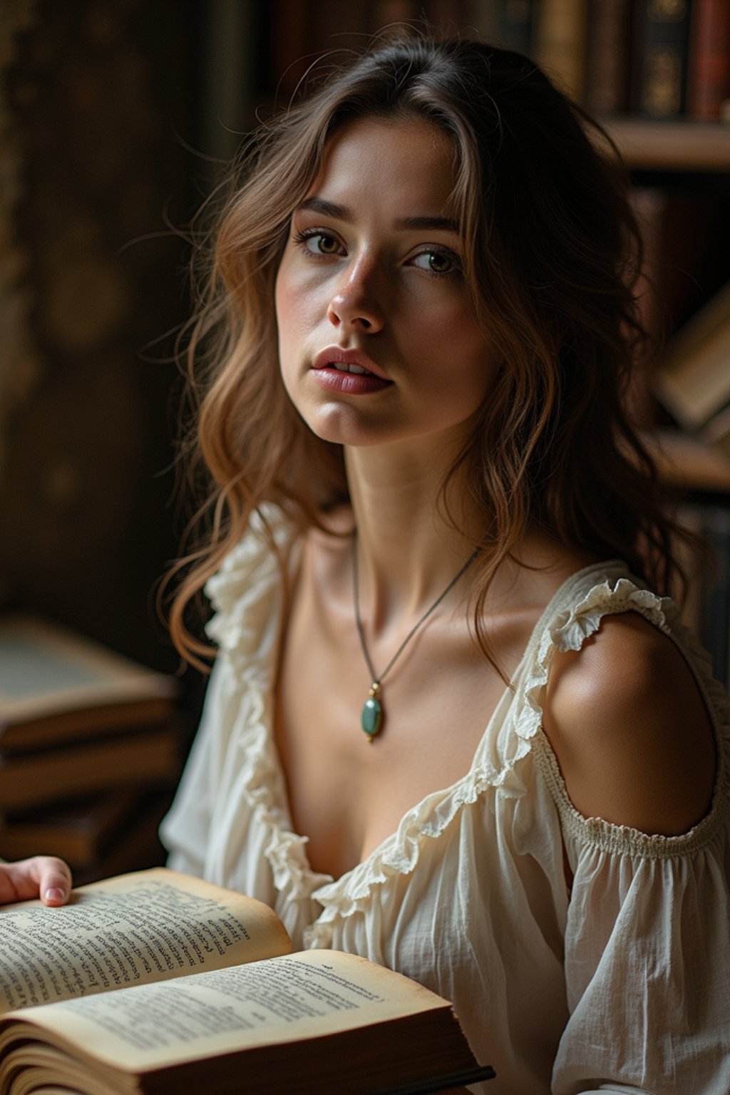 woman surrounded by books or sacred texts