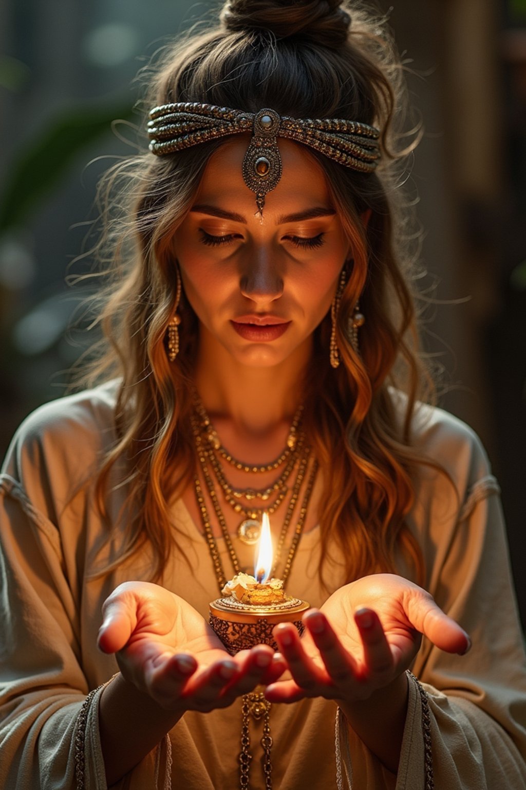 woman engaged in a sacred ritual or ceremony, adorned with symbolic attire