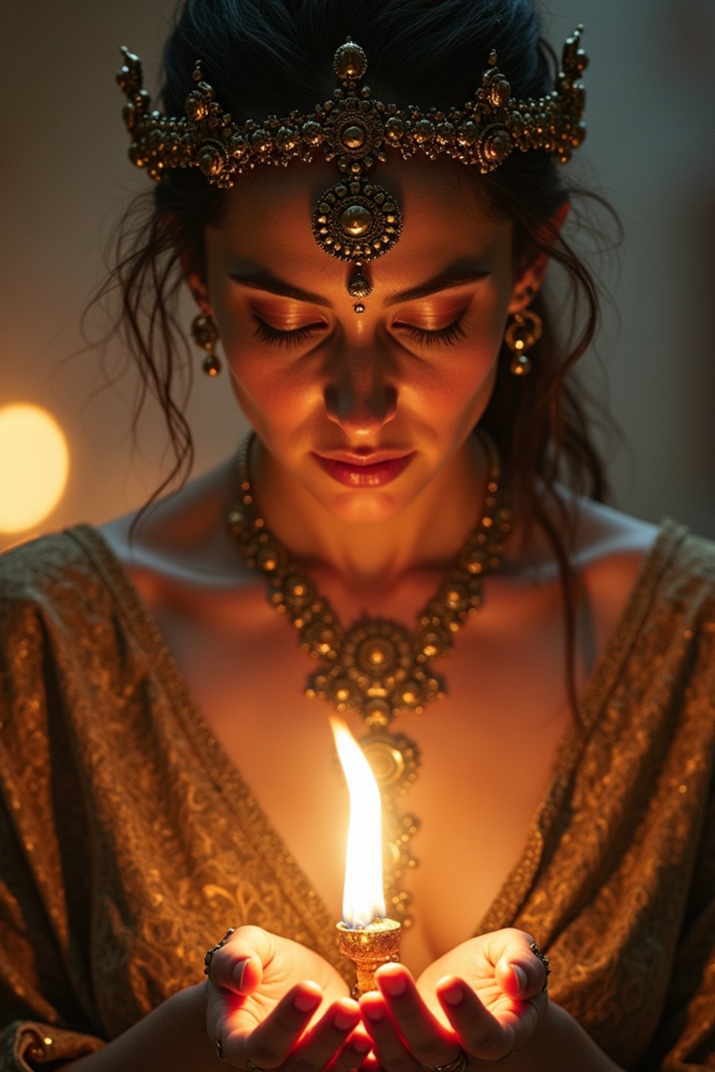 woman engaged in a sacred ritual or ceremony, adorned with symbolic attire