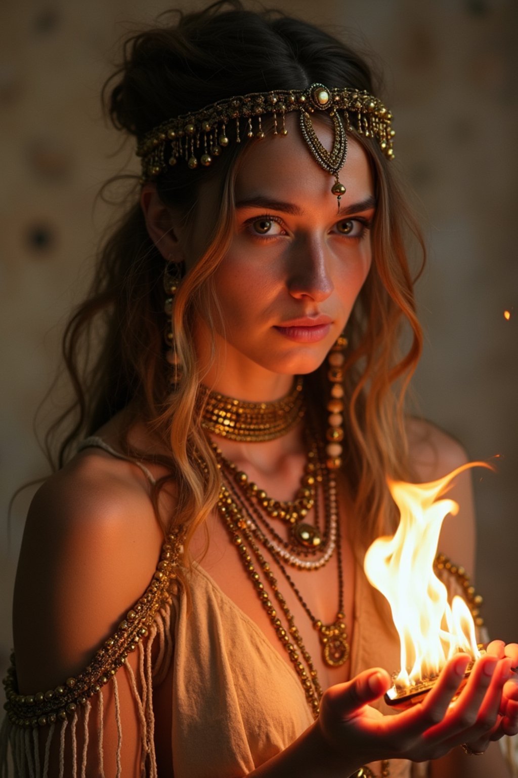 woman engaged in a sacred ritual or ceremony, adorned with symbolic attire