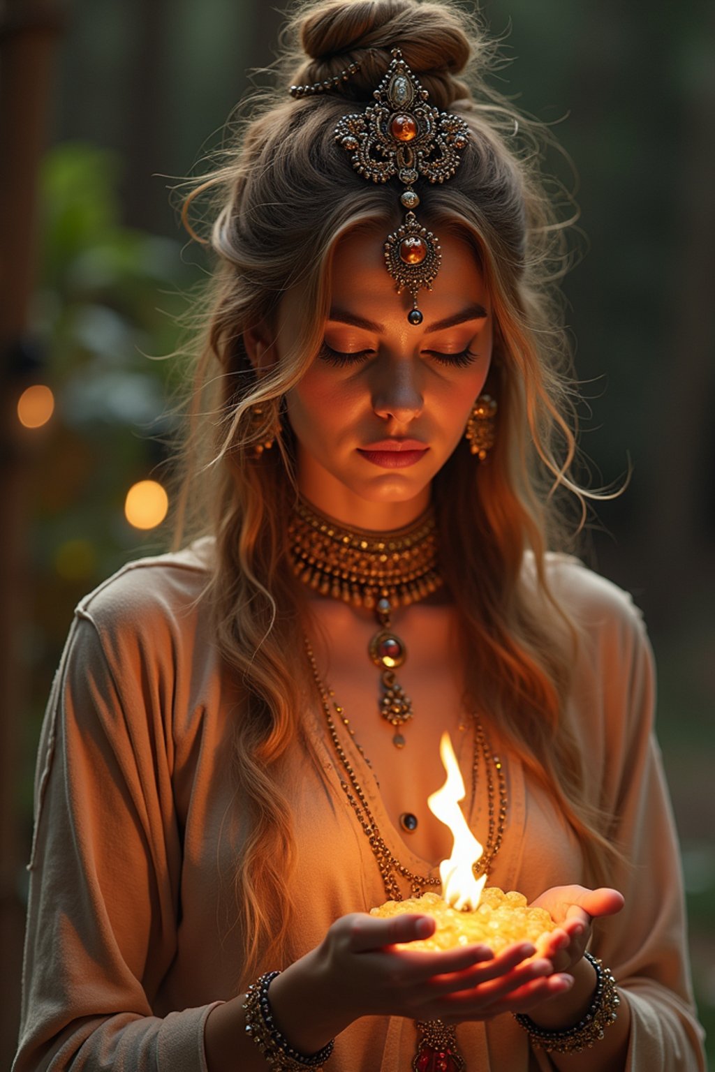 woman engaged in a sacred ritual or ceremony, adorned with symbolic attire