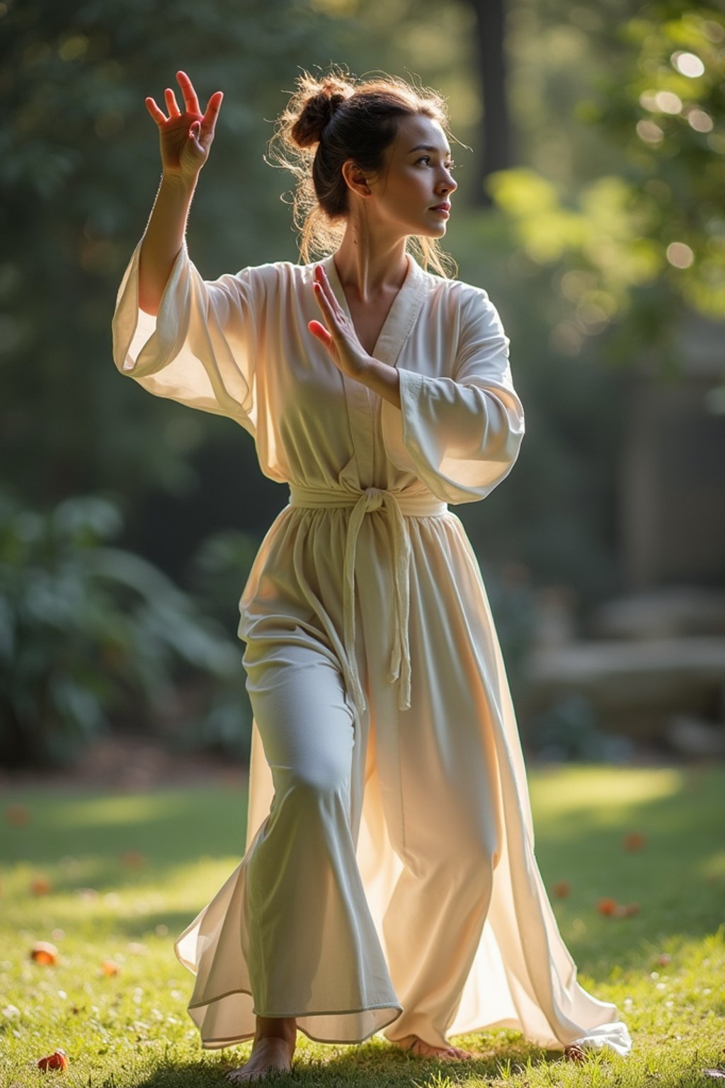 woman practicing Tai Chi in a serene garden