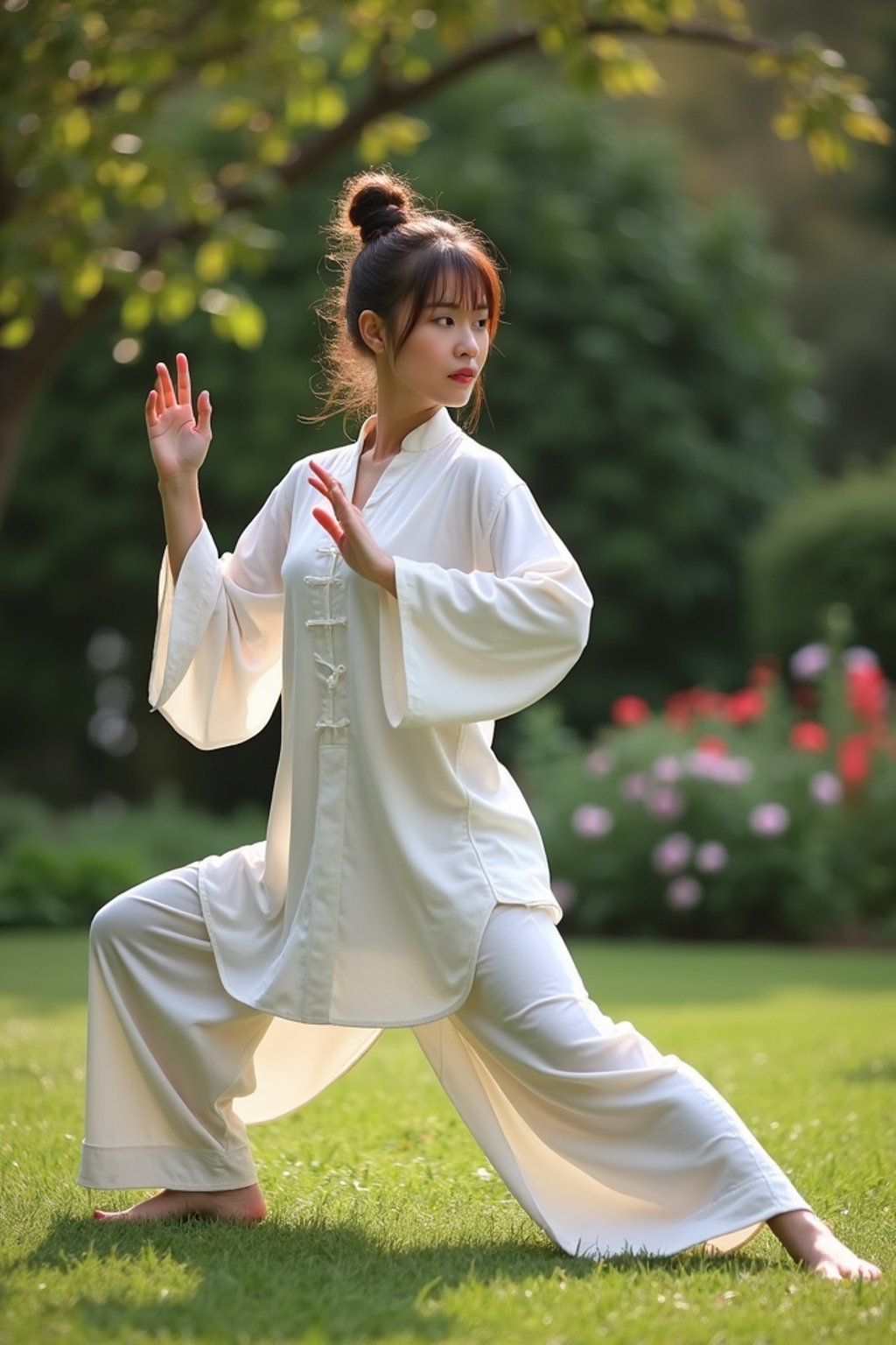 woman practicing Tai Chi in a serene garden