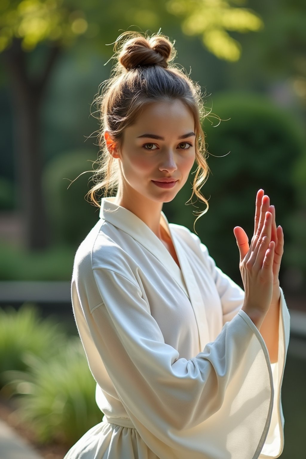 woman practicing Tai Chi in a serene garden