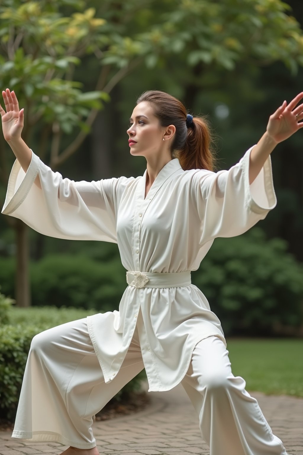 woman practicing Tai Chi in a serene garden