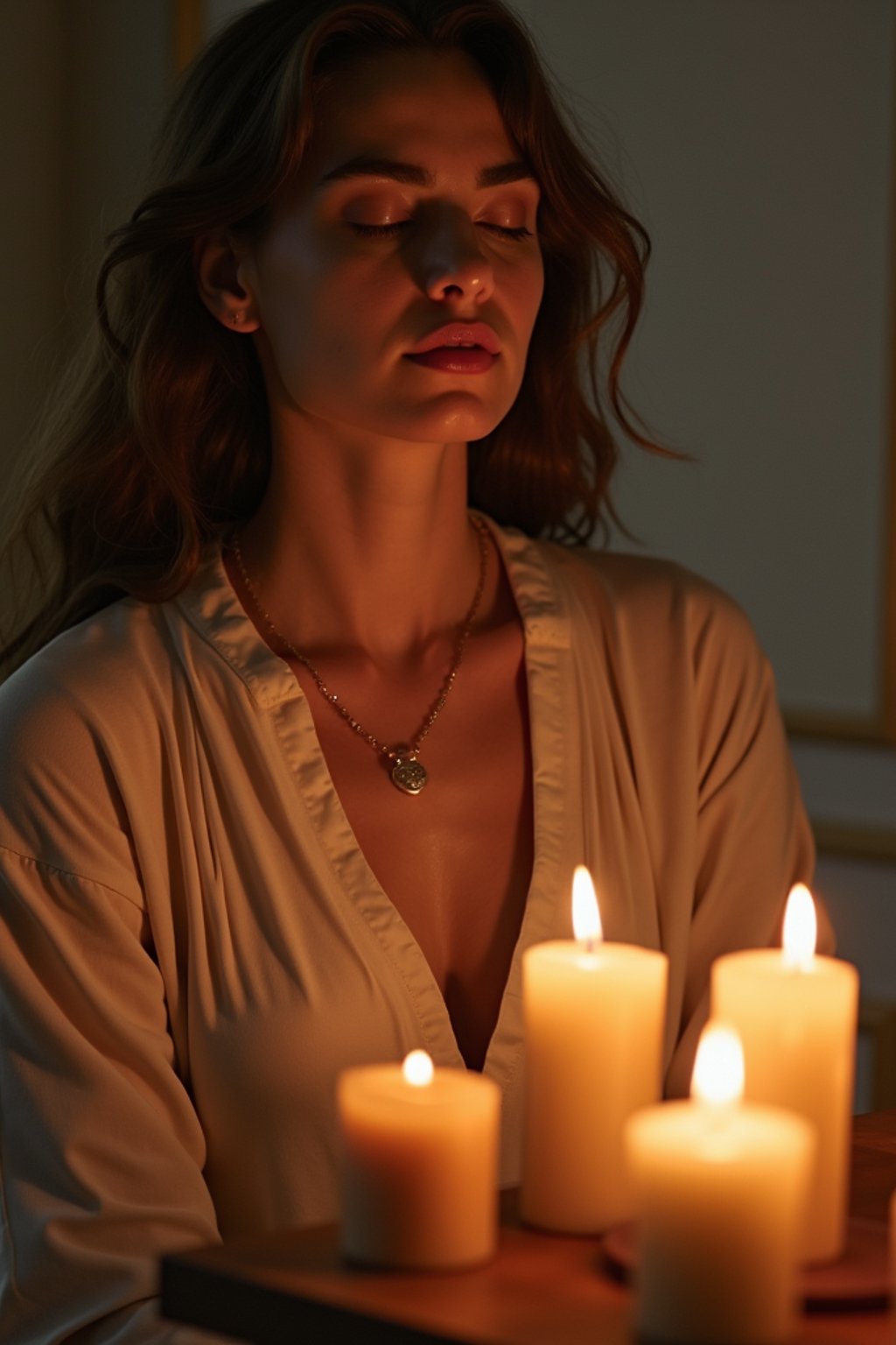 woman practicing mindfulness surrounded by candles or incense