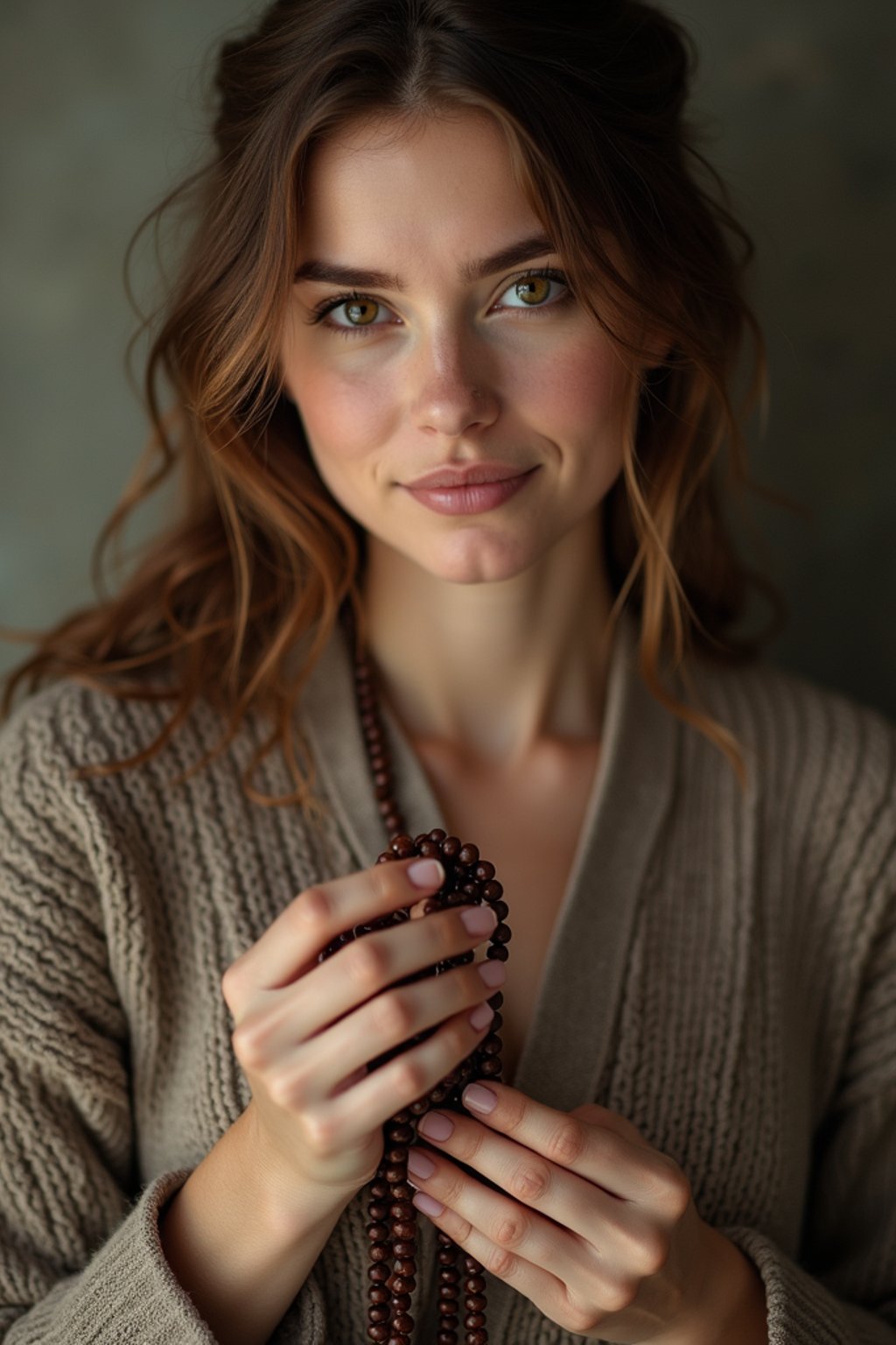 woman holding prayer beads or a sacred object,