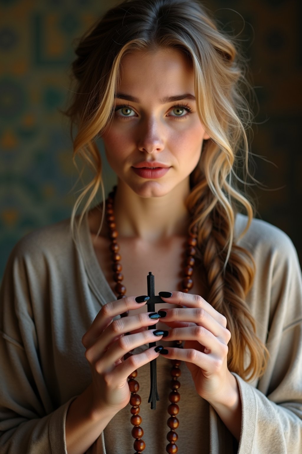 woman holding prayer beads or a sacred object,