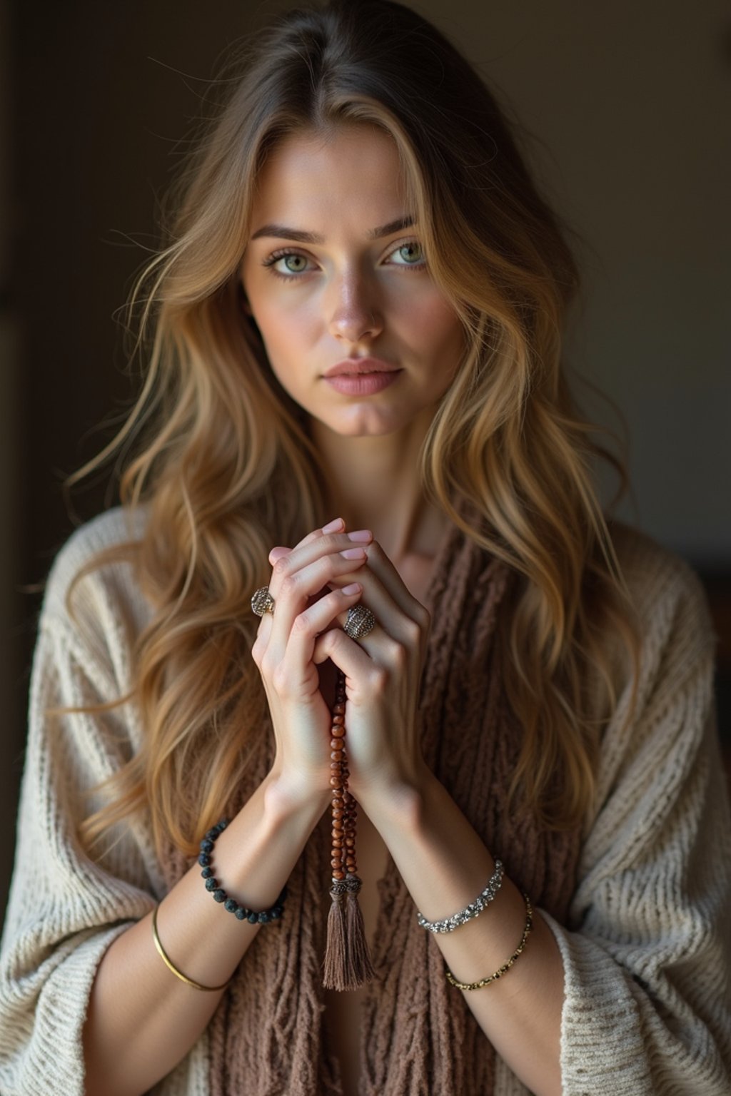 woman holding prayer beads or a sacred object,