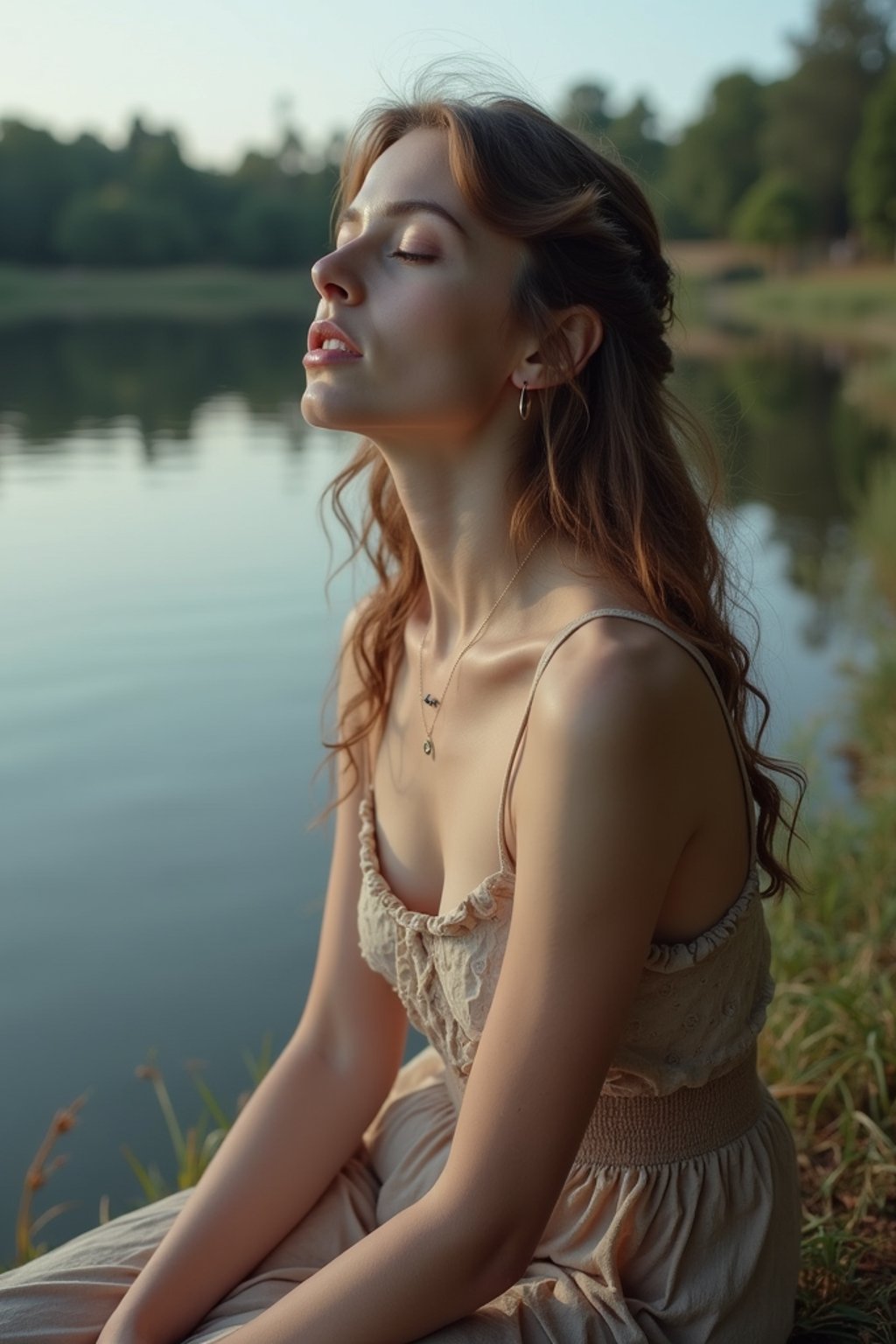 woman in deep contemplation, sitting by a tranquil lake