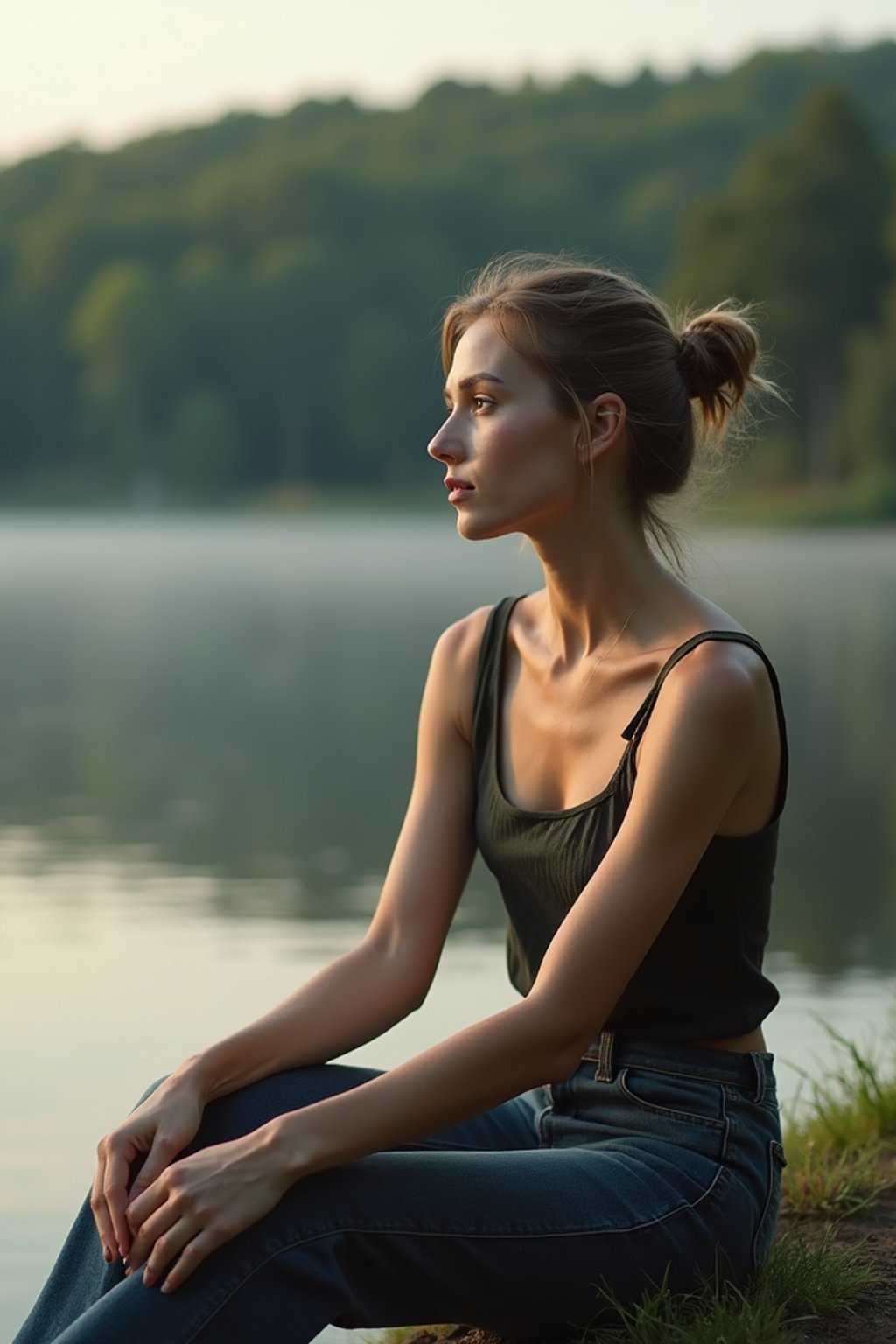 woman in deep contemplation, sitting by a tranquil lake