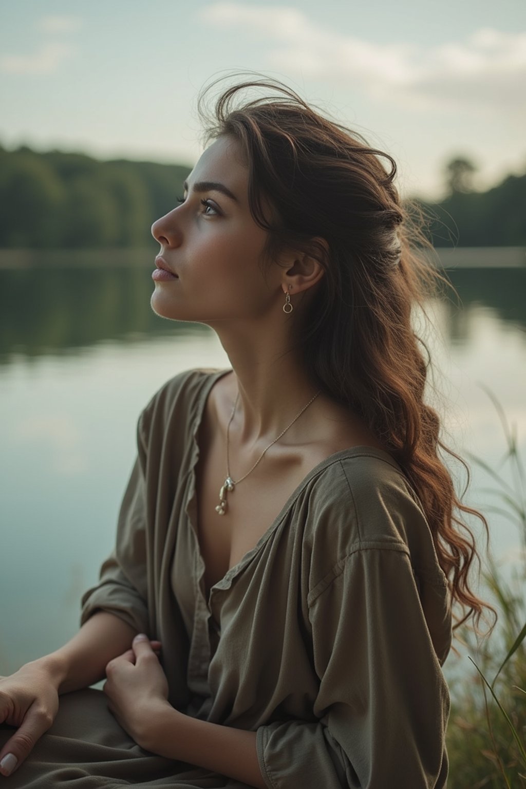 woman in deep contemplation, sitting by a tranquil lake