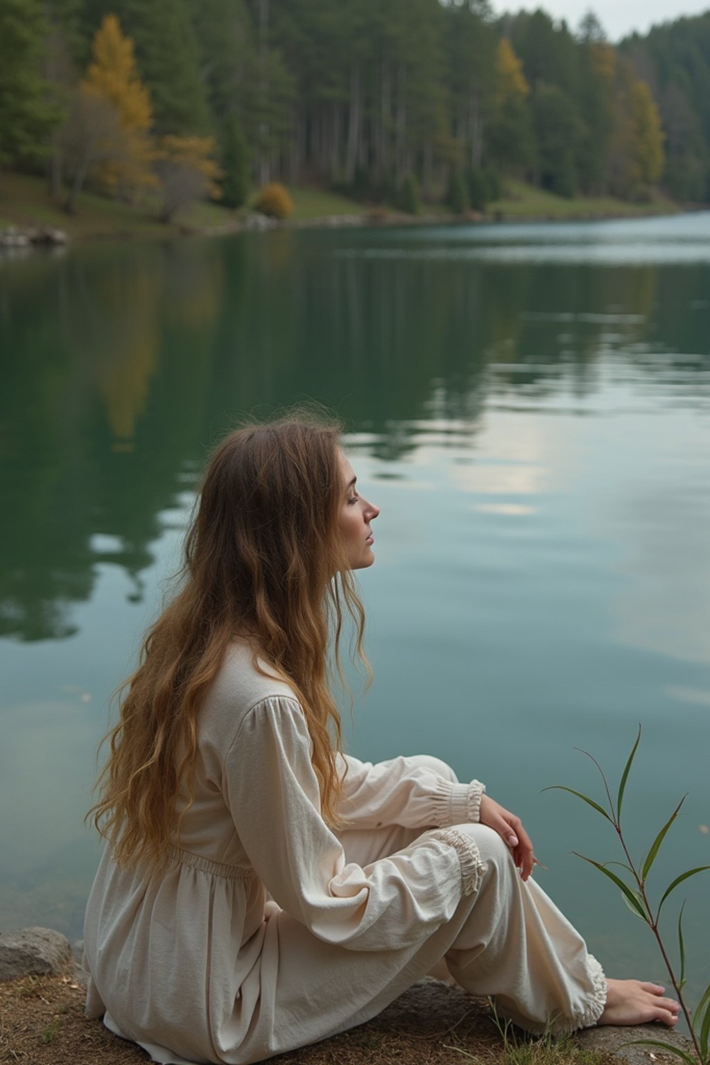 woman in deep contemplation, sitting by a tranquil lake