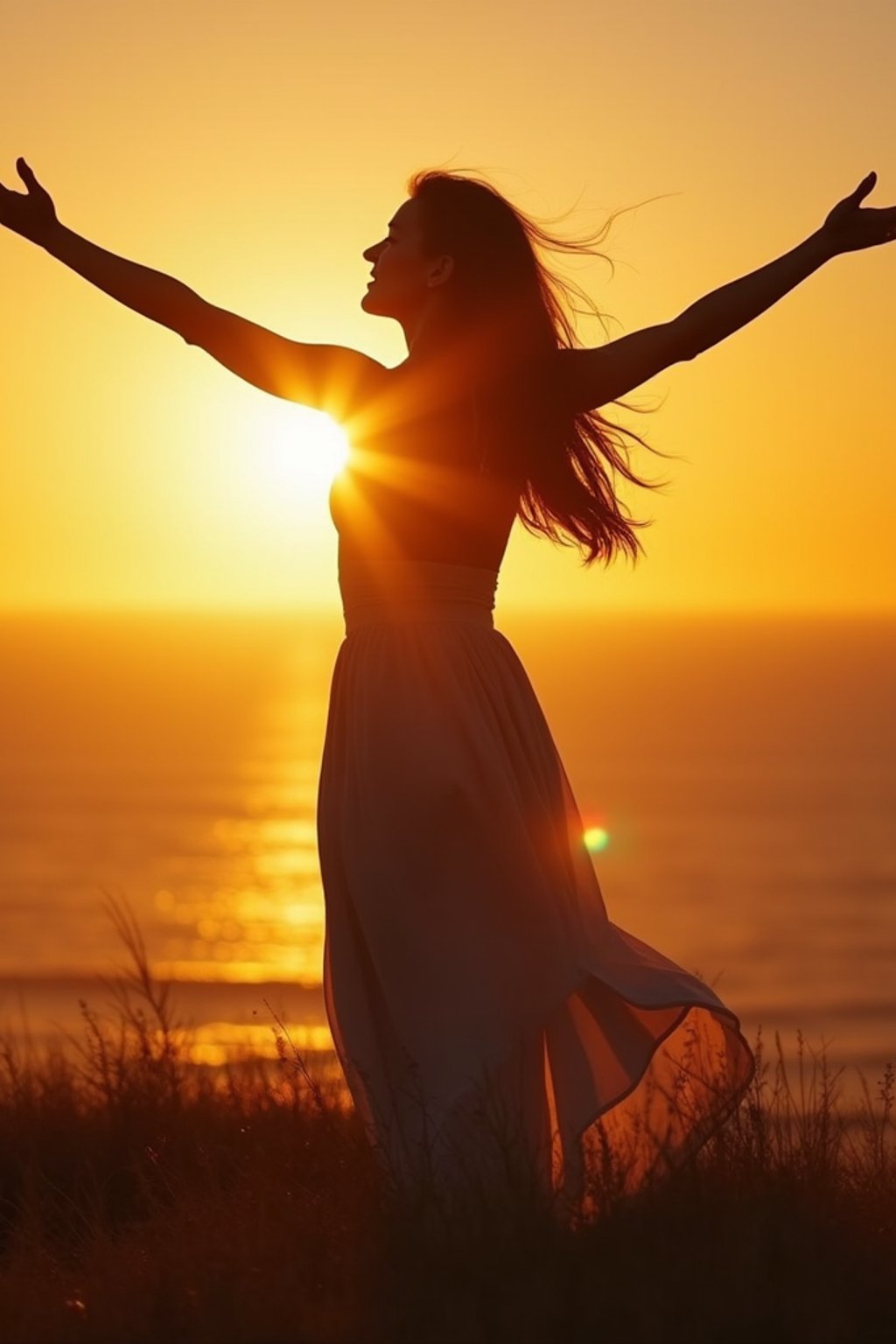 a spiritual seeker woman standing with outstretched armsat sunrise