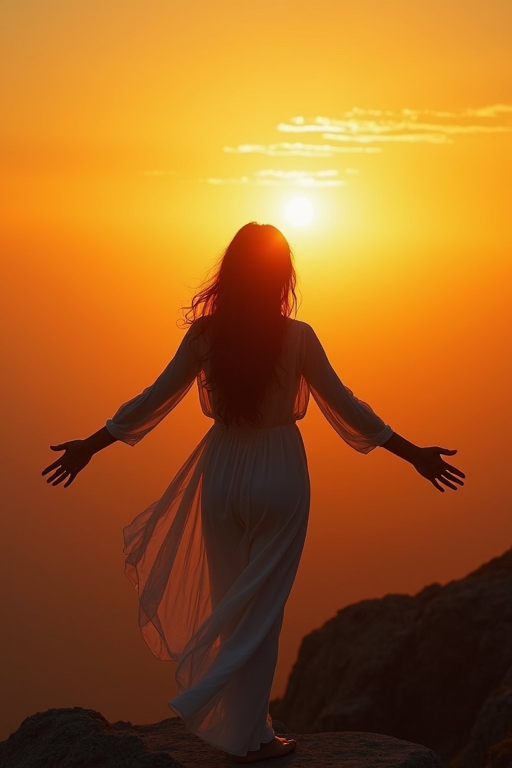 a spiritual seeker woman standing with outstretched armsat sunrise