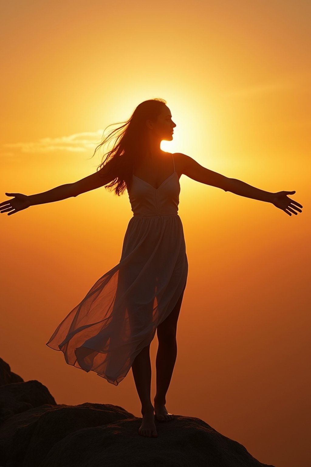 a spiritual seeker woman standing with outstretched armsat sunrise