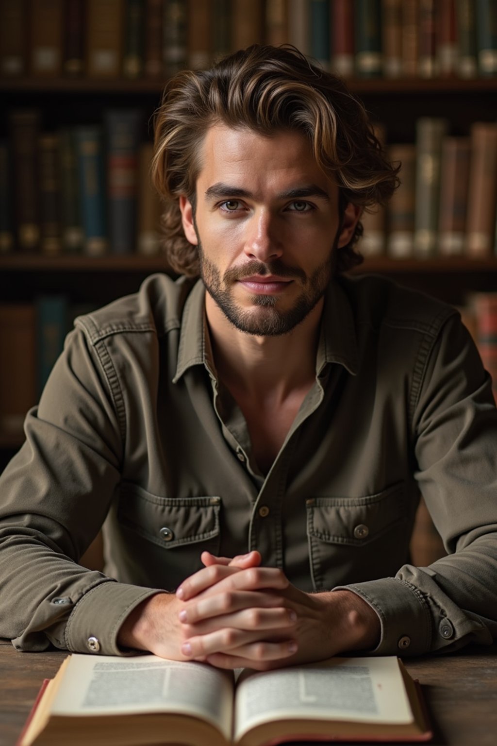 man surrounded by books or sacred texts