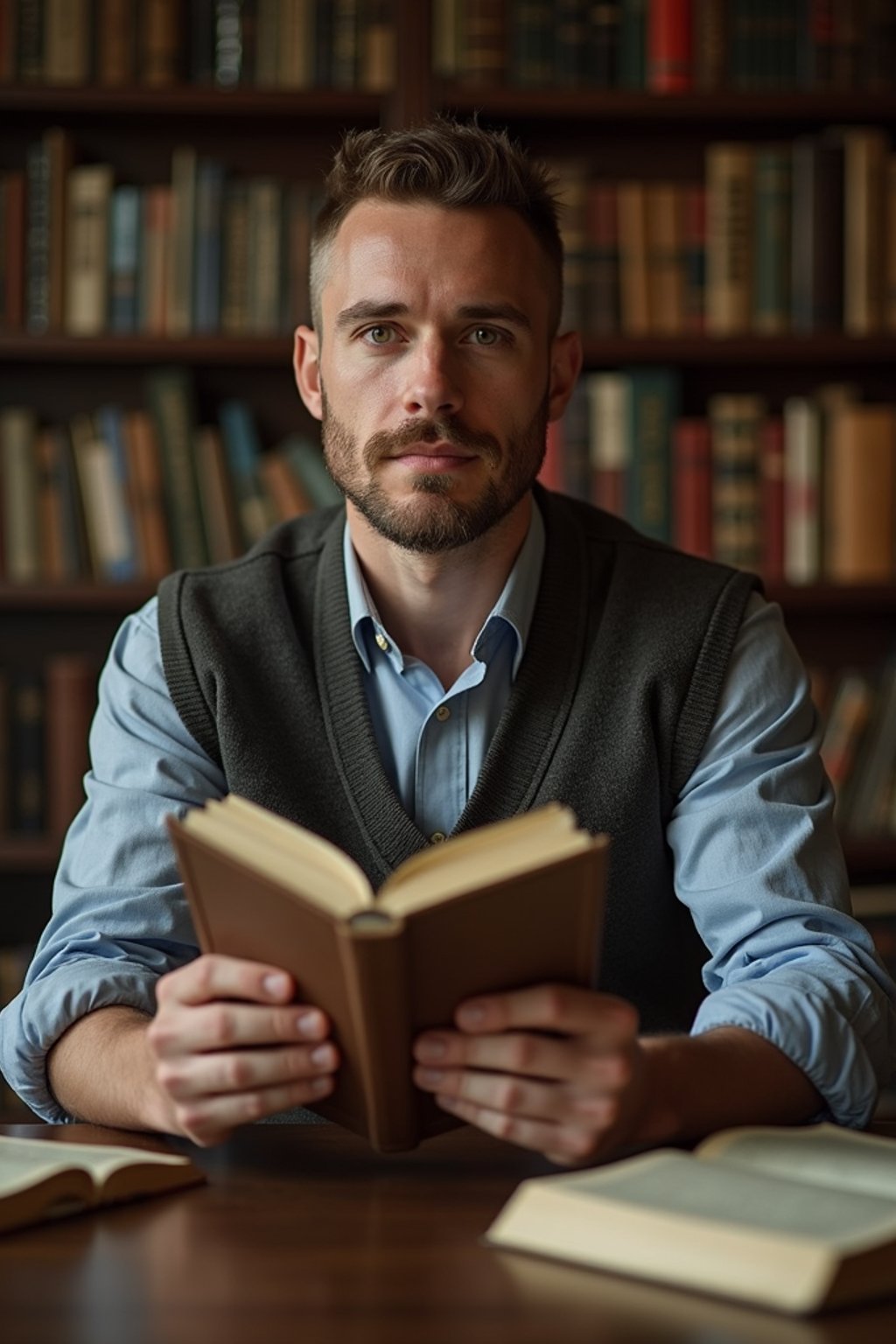 man surrounded by books or sacred texts