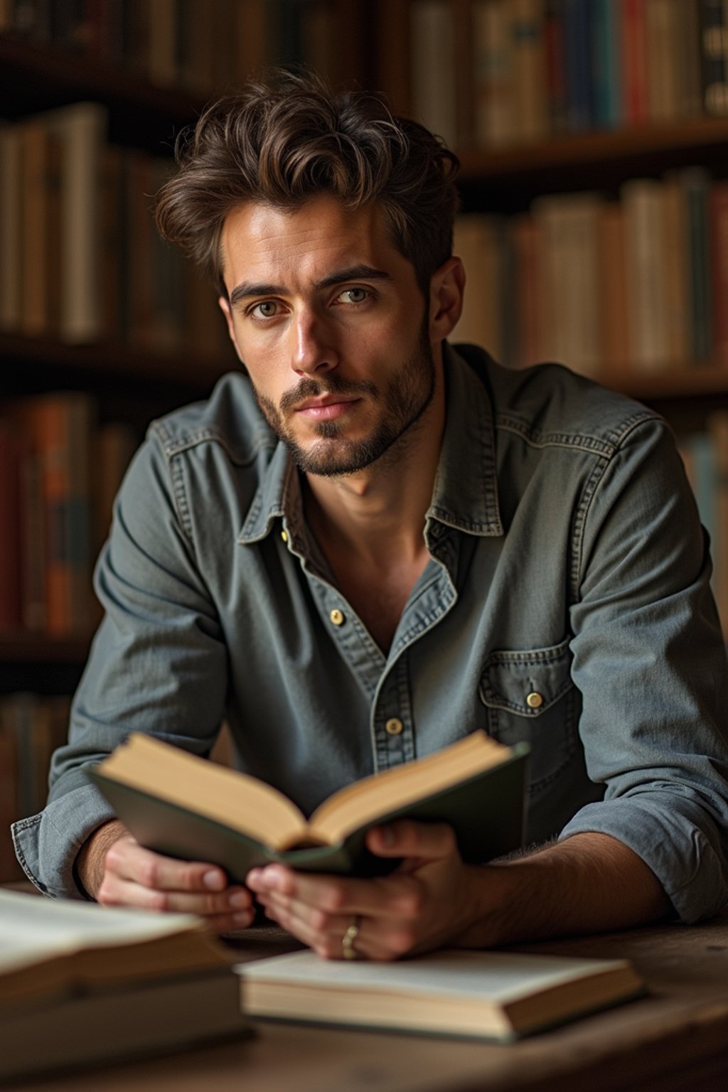 man surrounded by books or sacred texts