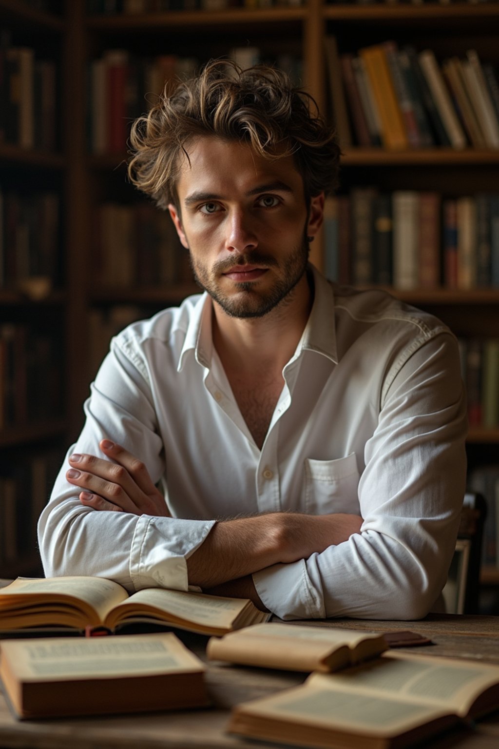 man surrounded by books or sacred texts