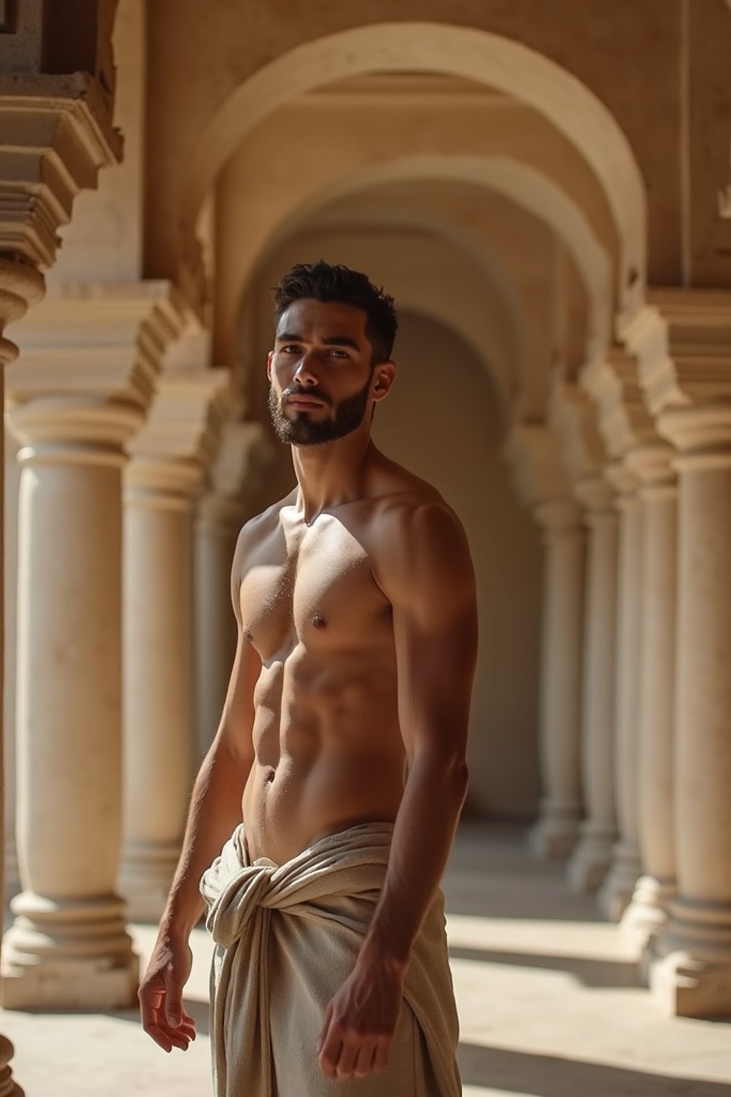 man in a serene temple or sacred space