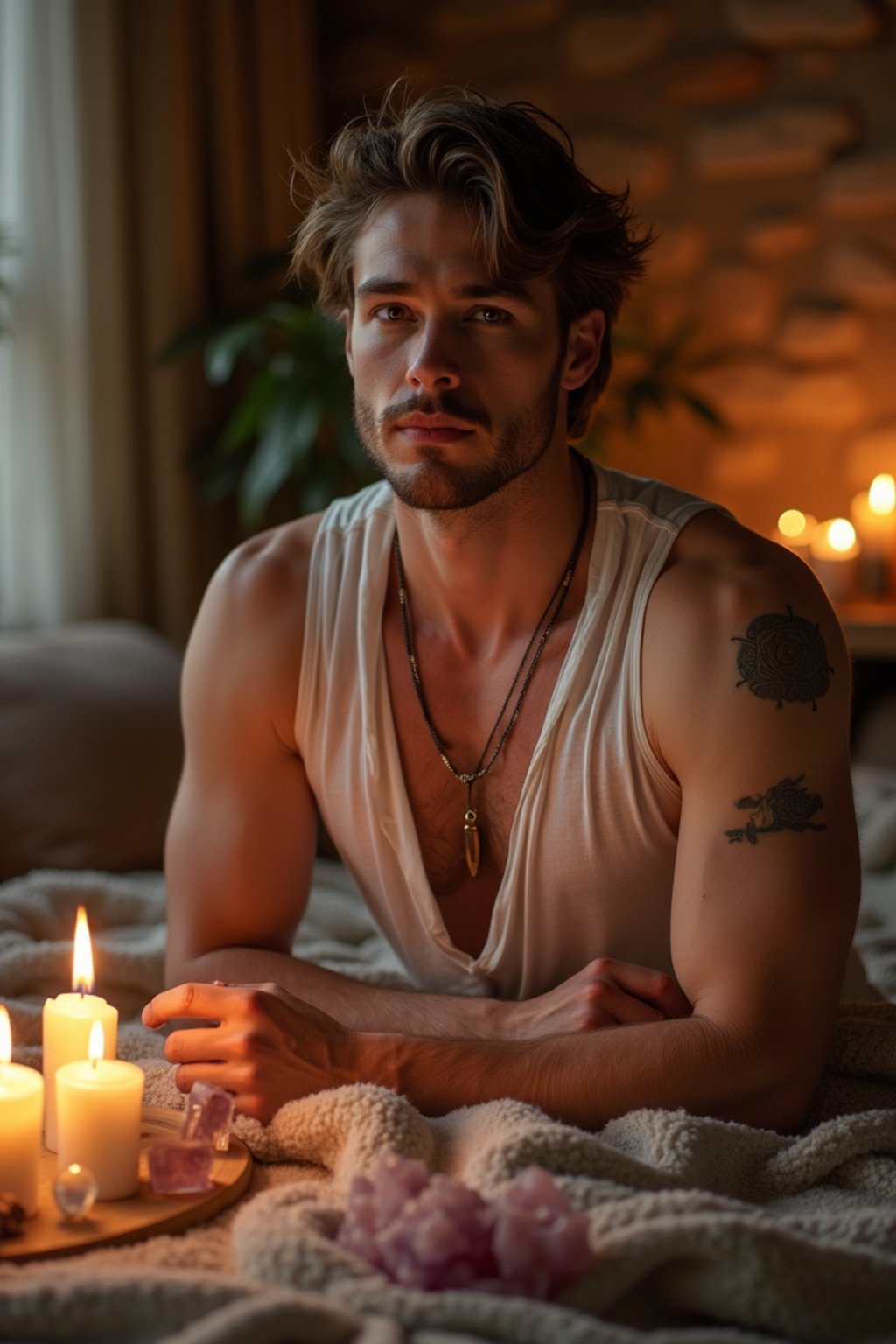 man in a serene indoor space, surrounded by candles, crystals, and sacred symbols