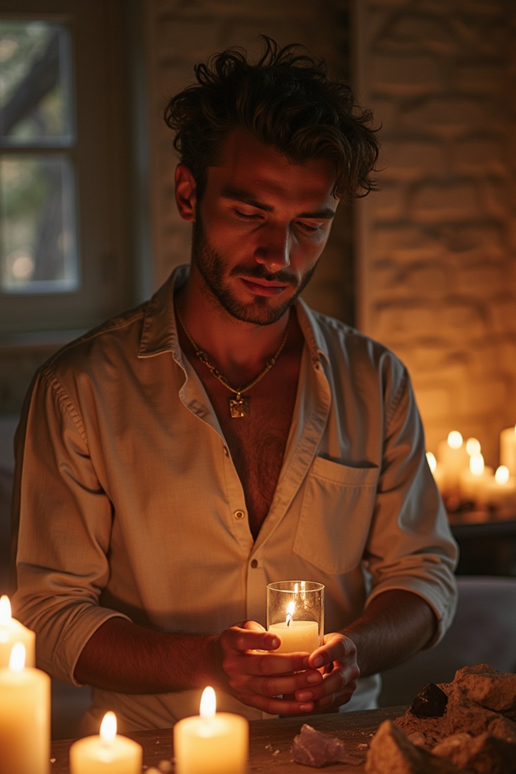 man in a serene indoor space, surrounded by candles, crystals, and sacred symbols