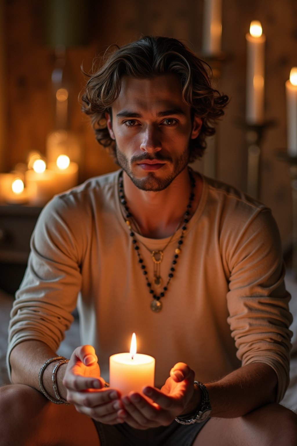 man in a serene indoor space, surrounded by candles, crystals, and sacred symbols