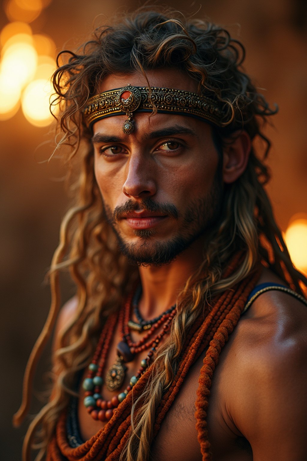 man engaged in a sacred ritual or ceremony, adorned with symbolic attire